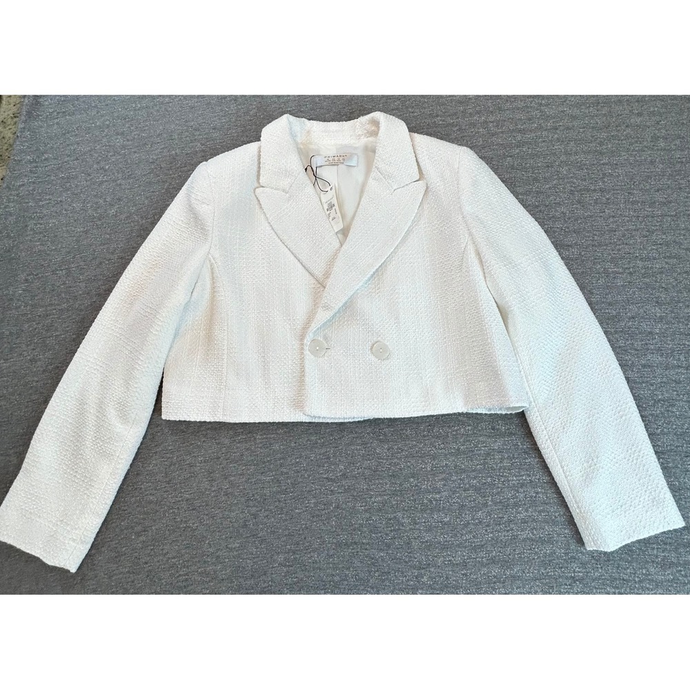 NWT Primark Paula Echevarria White Textured Cropped Double Breasted Blazer Sz 12